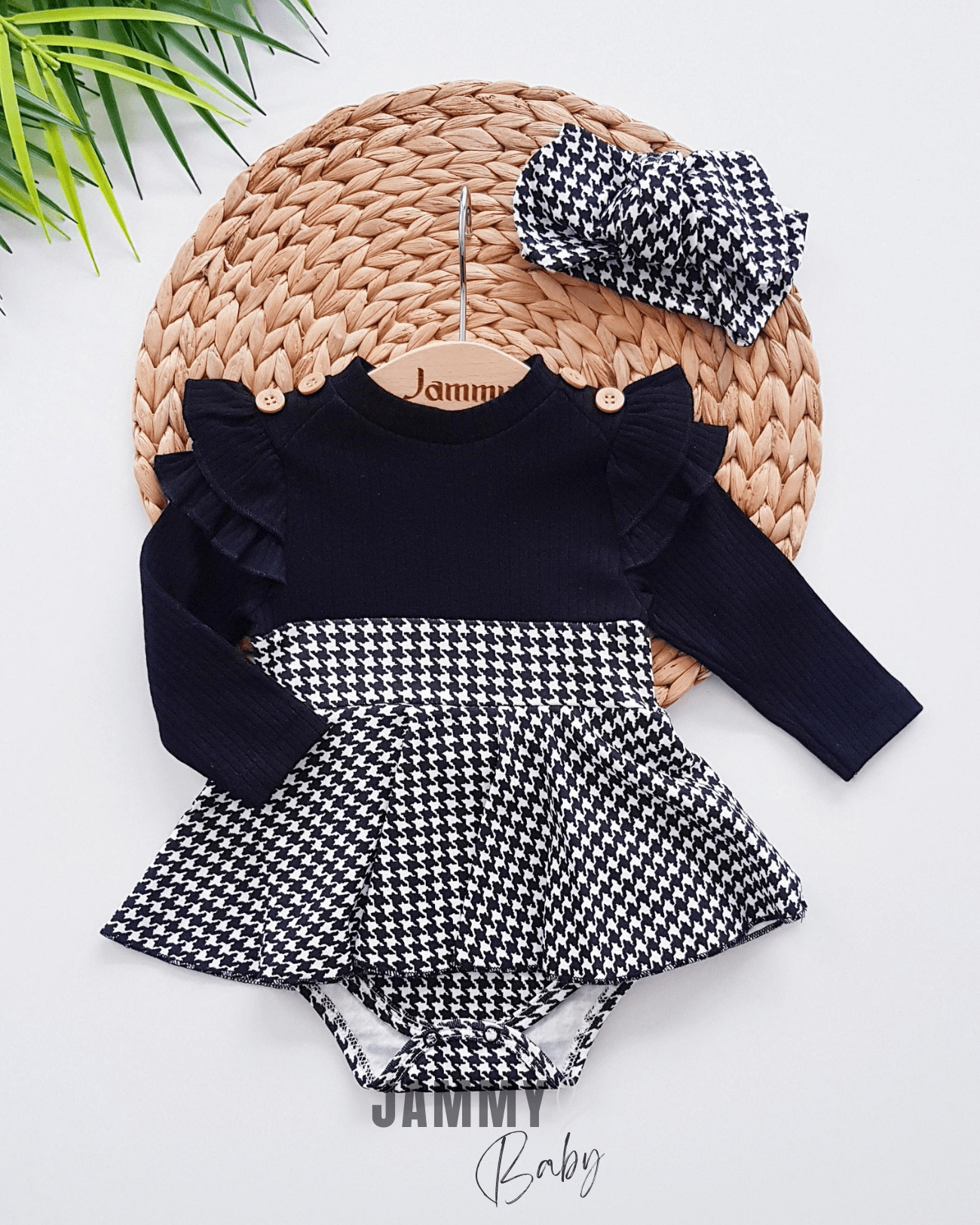 Kazayağı Desen Omuz Fırfırlı Bandanalı Bodysuit Elbise Set-SİYAH