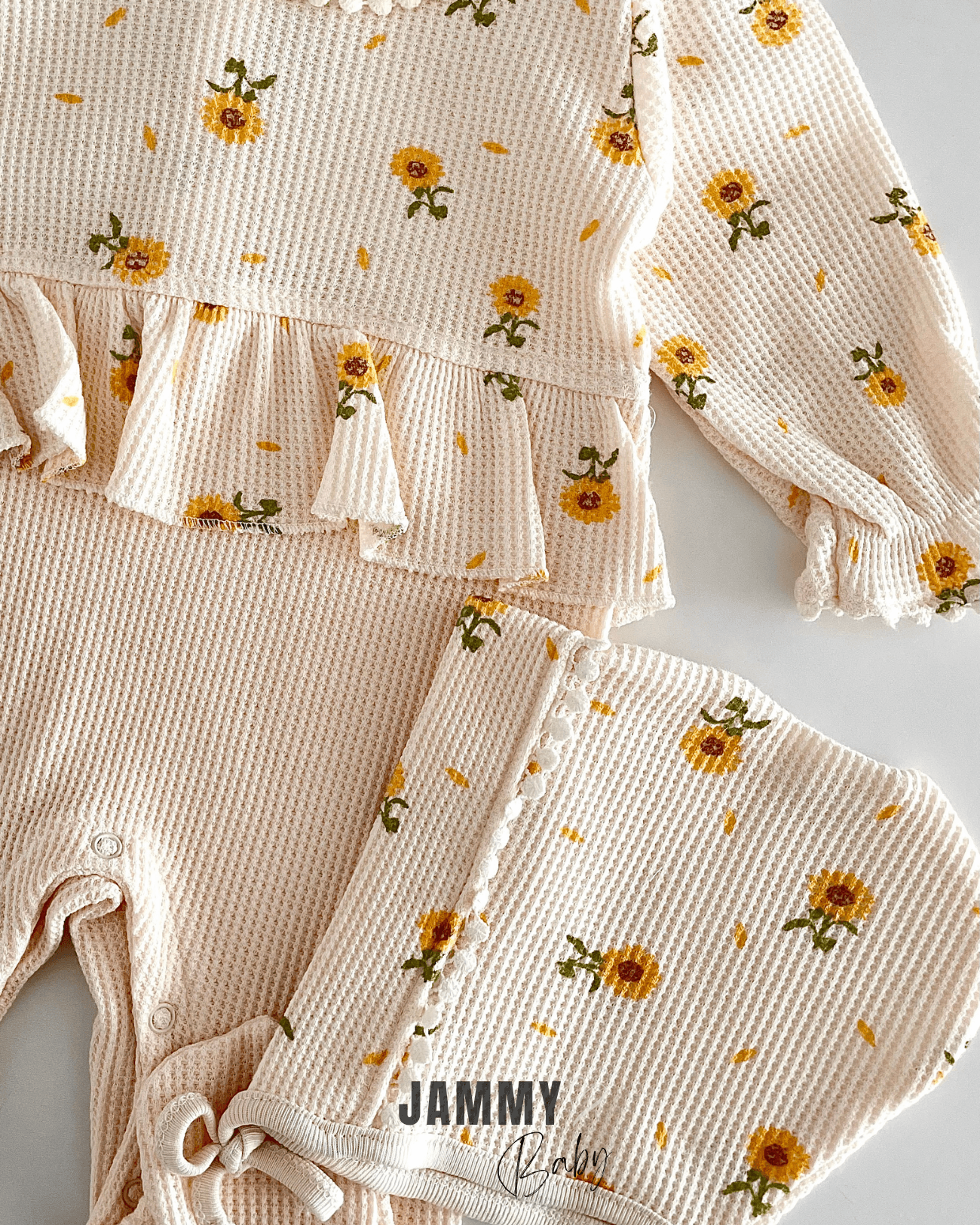 Ayçiçekli Waffle Şapkalı Tulum Set-VANİLYA