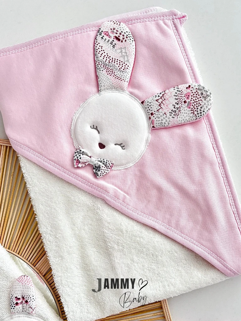 Papyonlu Tavşan 4 Parça Bornoz Set-PEMBE