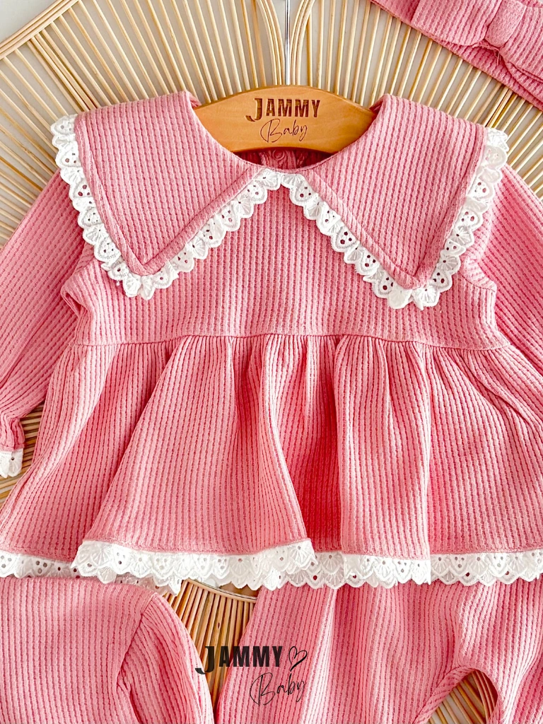 Üçgen Yaka Fistolu 4 Parça Waffle Takım-GÜLKURUSU