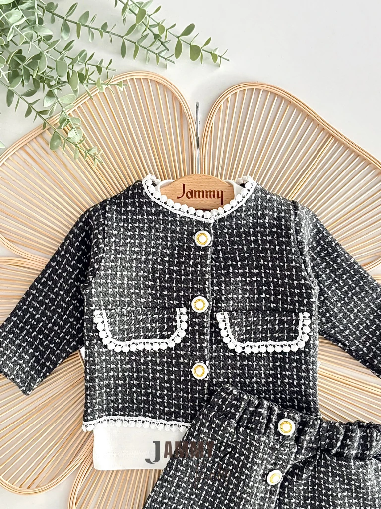 Amaris Tuvid Dokuma Etek Ceket Takım-SİYAH