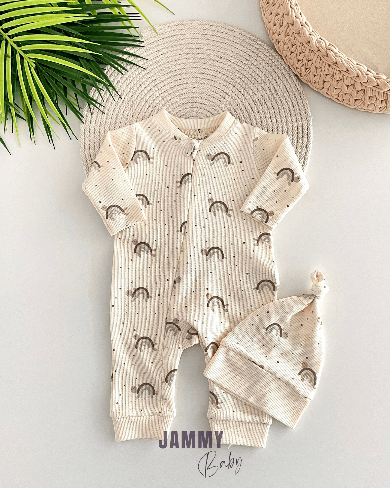 Cute Turtle Fermuarlu Waffle Tulum Set -KREM