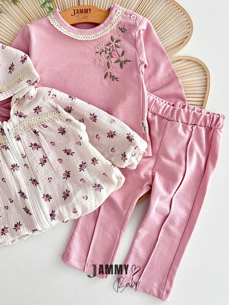 Müslin Hırkalı Çiçek Desenli 3'lü Takım- GÜL KURUSU