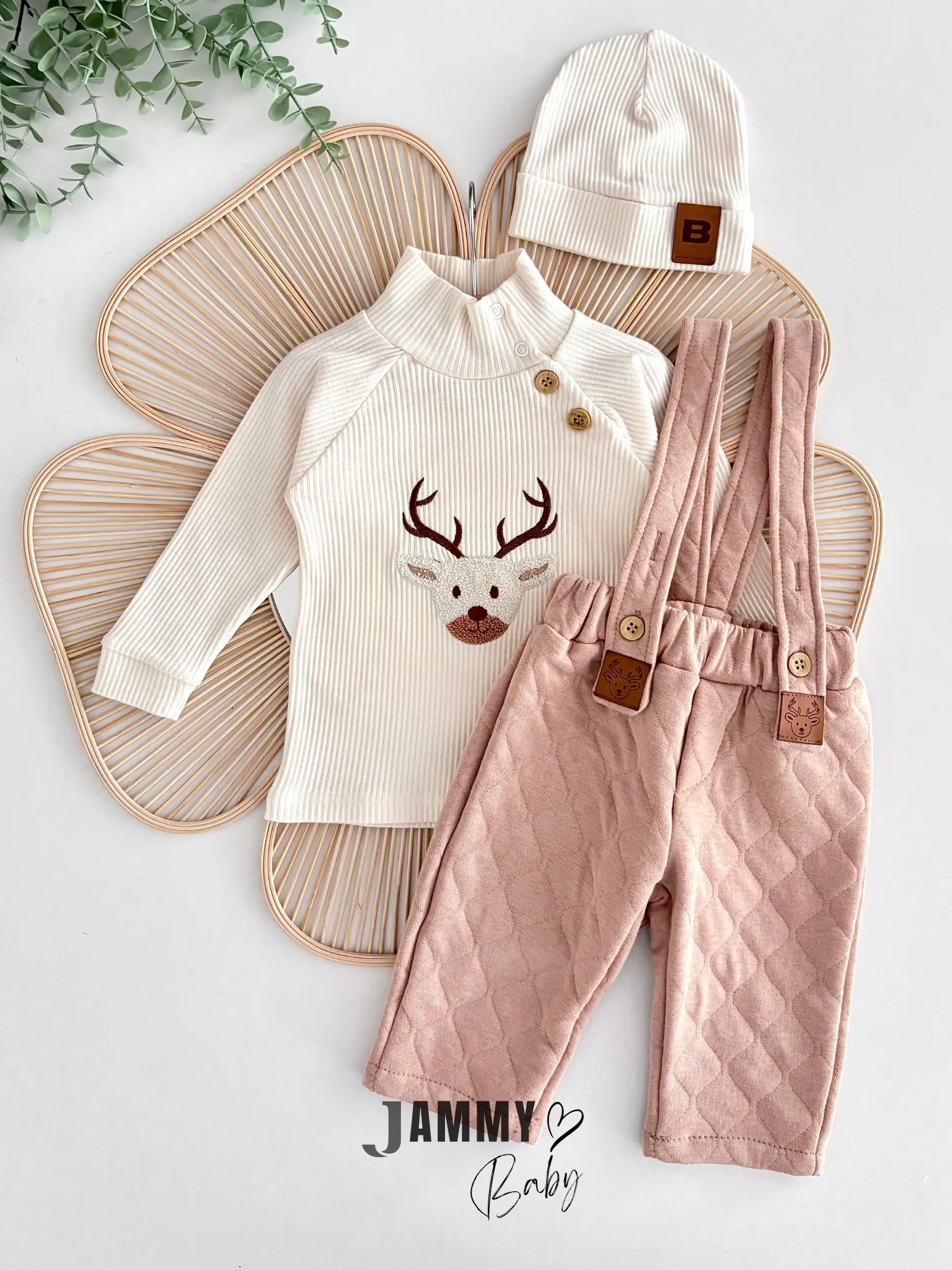 Deer Kapitone Salopet / Şapka Badi Set - SÜTLÜ KAHVE