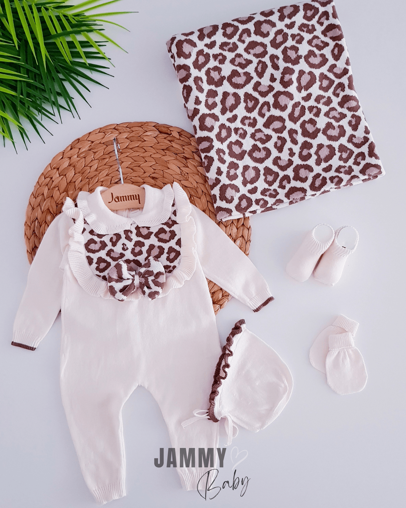 Luxury Collection Triko Leopar Desen 5 Parça Yenidoğan Set-KREM