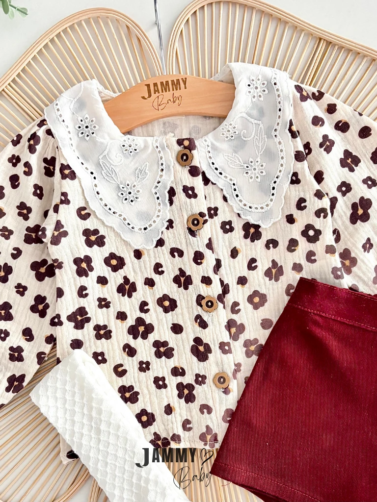 Sisa Leopar Gömlek / Şort Etek Çorap Takım-BORDO