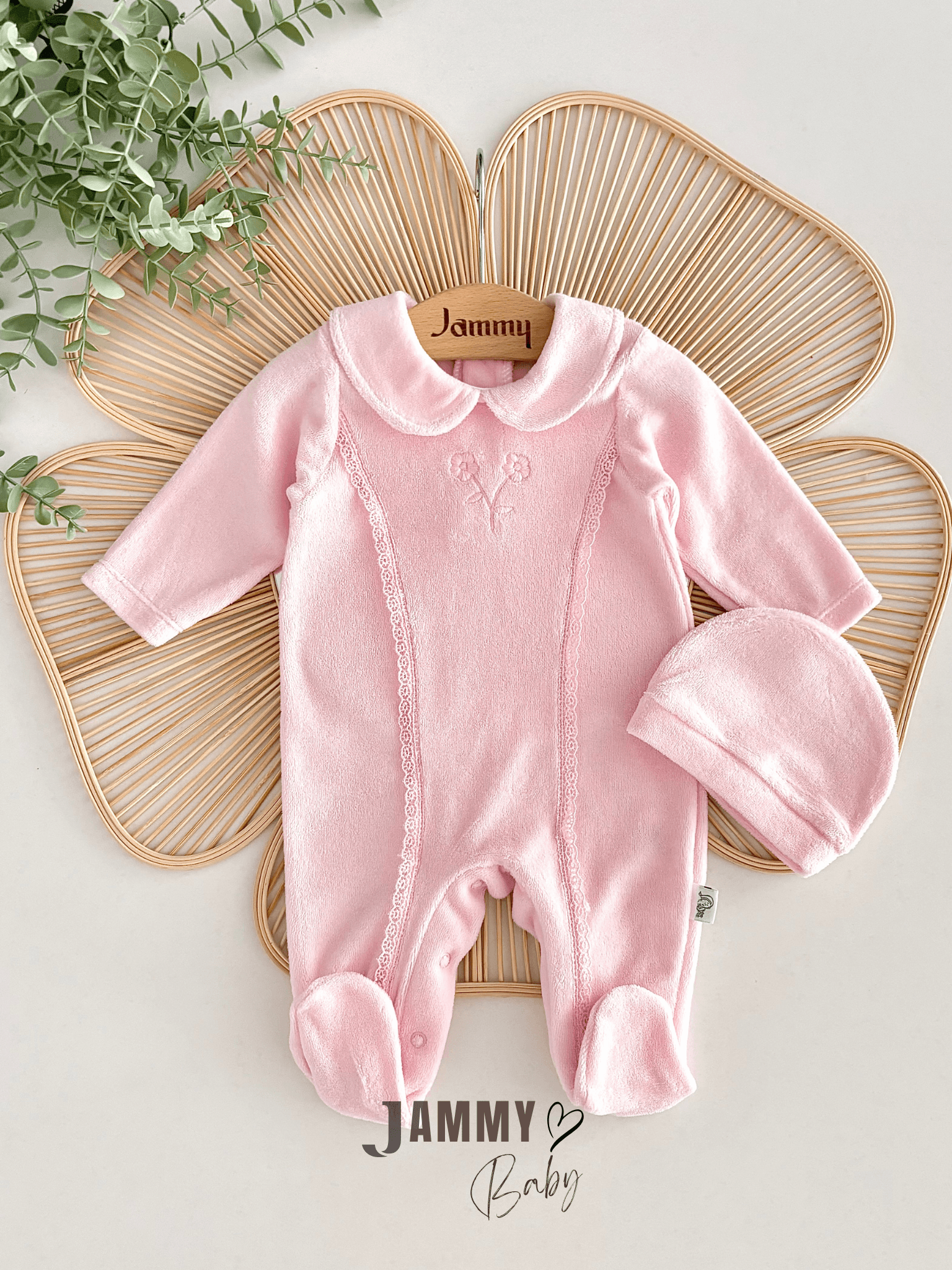 Elvira Fistolu Papatya Nakışlı Kadife Tulum-PEMBE