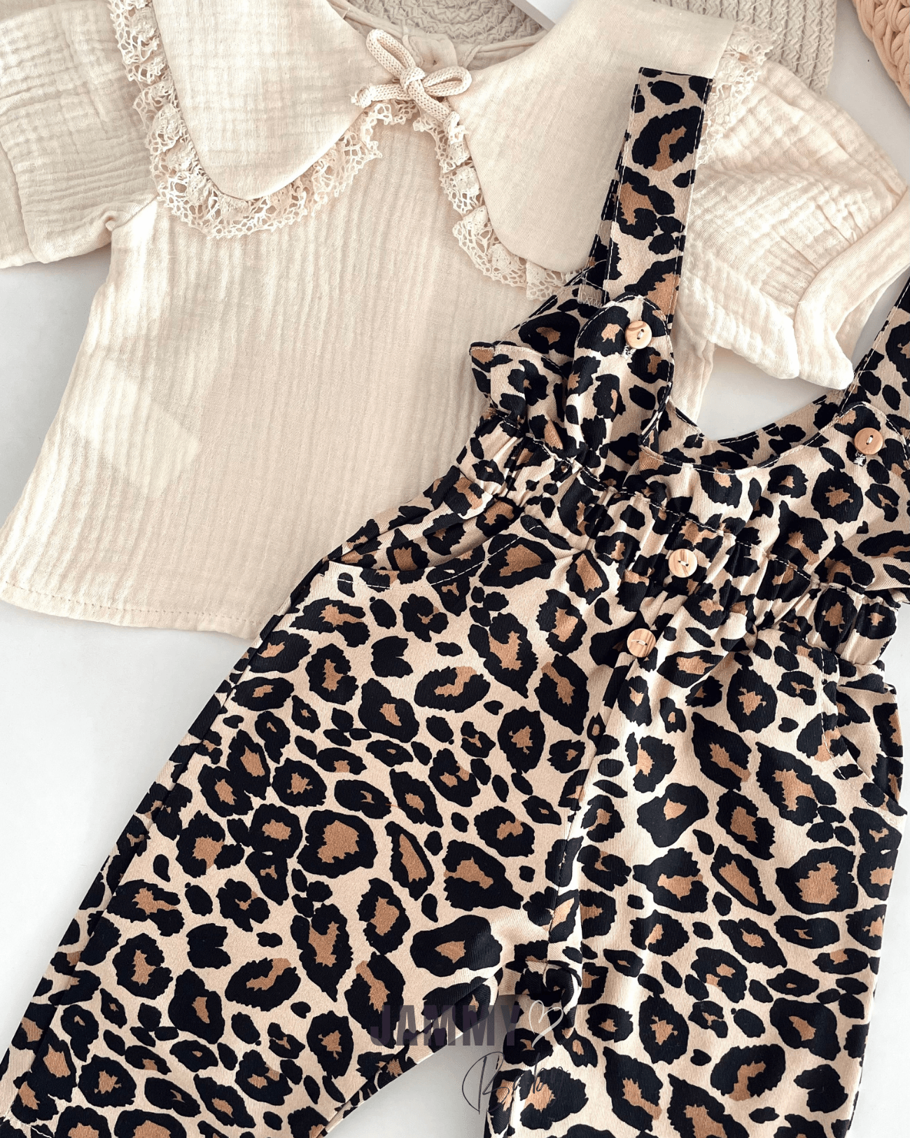 Leopard Desenli Salopet / Müslin Gömlek Set-BEJ