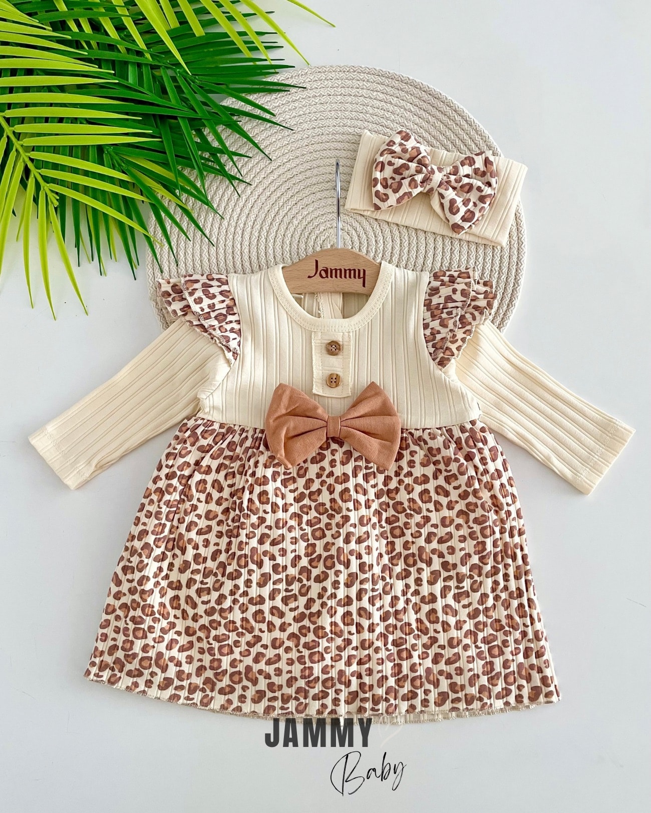 Vanessa Leopar Desenli Bandanalı Elbise Set-KREM