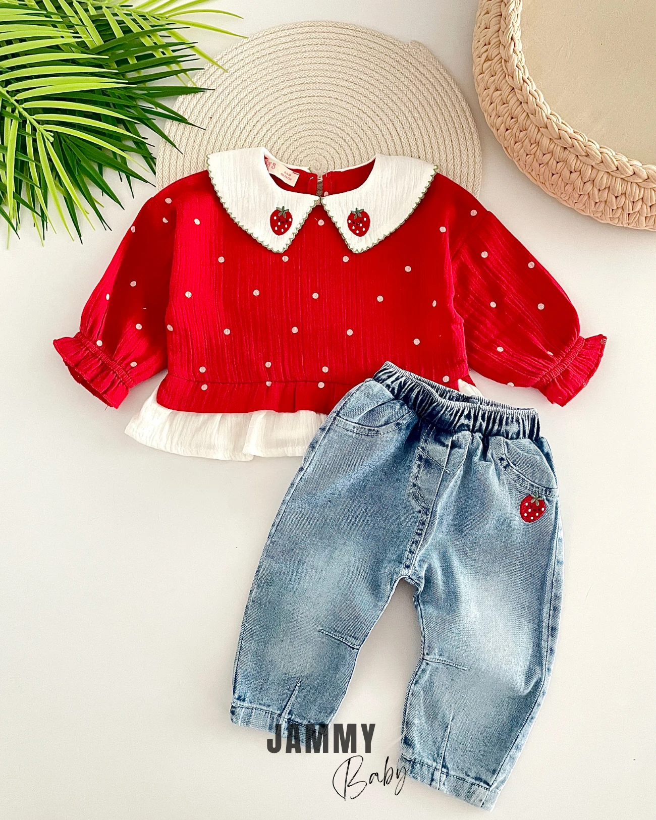 Puantiyeli Çilek Kot Pantolonlu Takım-KIRMIZI