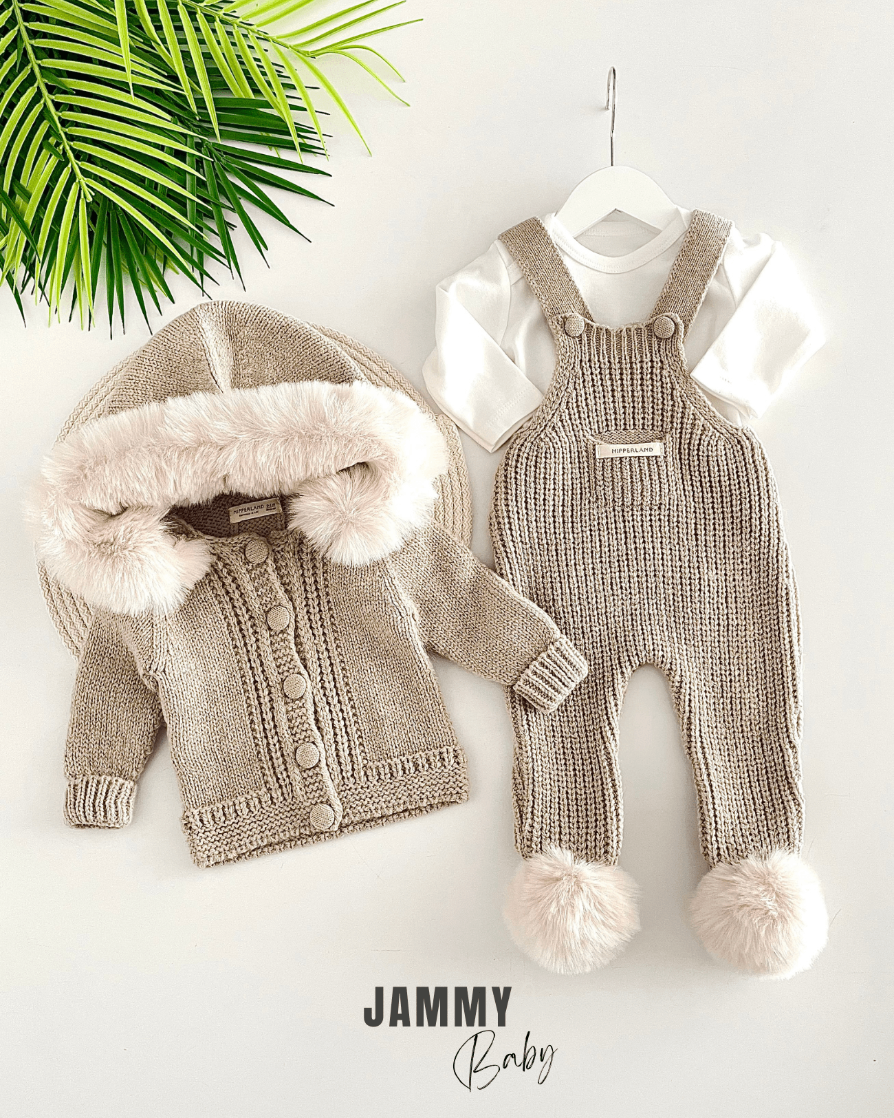 Selanik Örgülü Luxury Collection Kürk Kapüşonlu Triko Hırka / Salopet Set-TAŞ