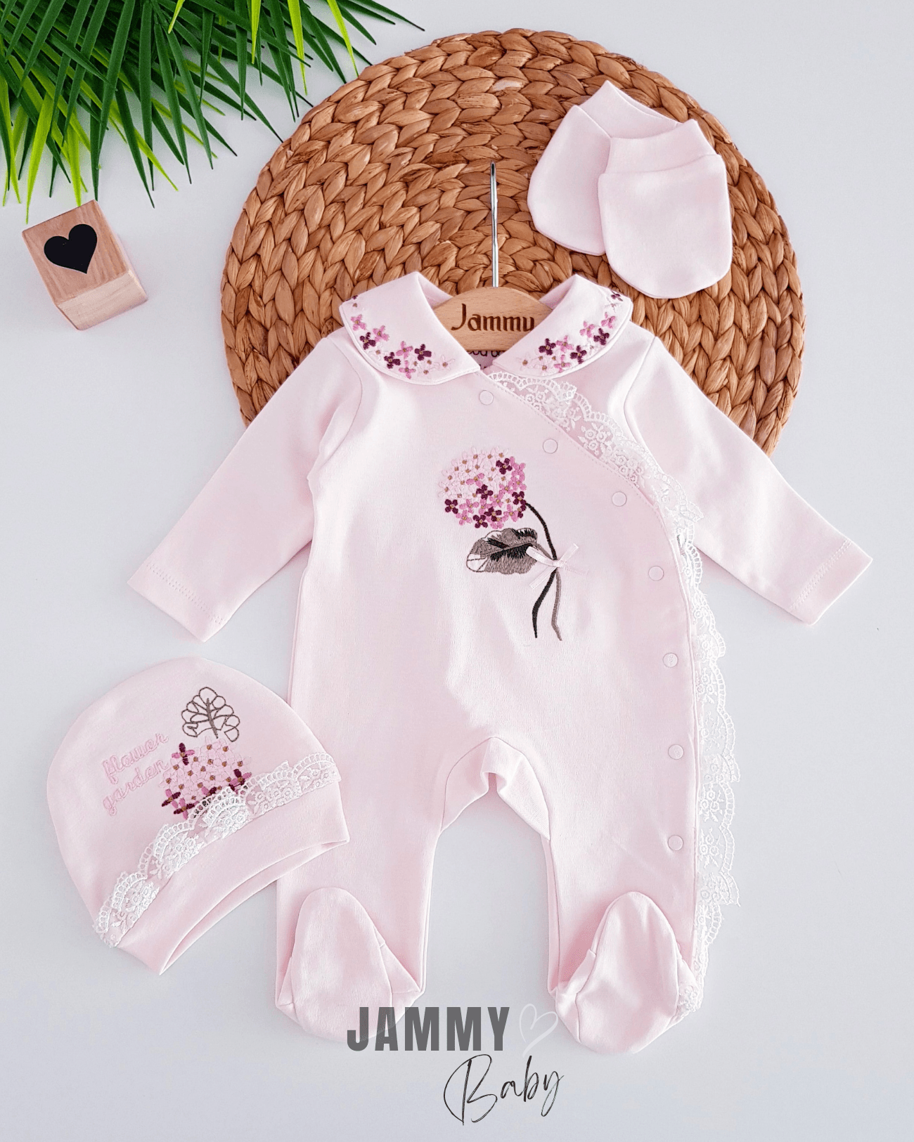 Ortanca Nakışlı Şapkalı Tulum Set-PEMBE