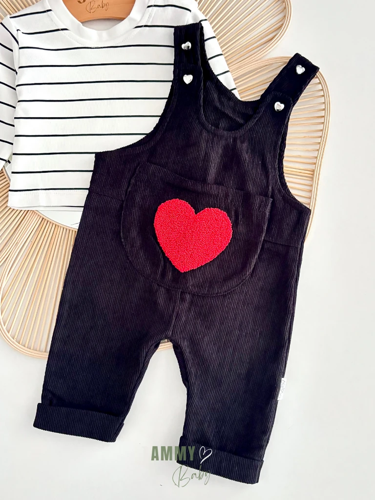 Big Hearts Punch İşlemeli Kadife Salopet / Body Set-SİYAH