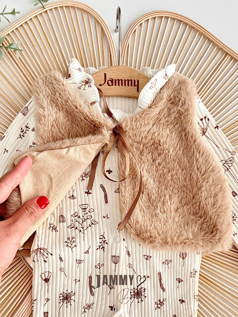 Camellia Tüylü Yelekli Tulum Set-EKRU