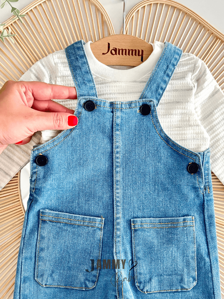 Düğme Detaylı Kot Salopet / Çizgili Body Set-DENİM