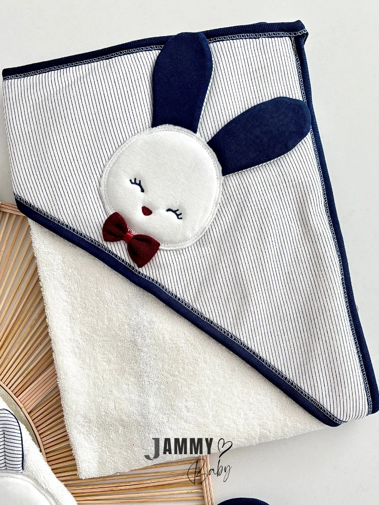 Papyonlu Tavşan 4 Parça Bornoz Set-LACİVERT