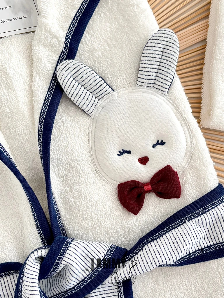 Papyonlu Tavşan 4 Parça Bornoz Set-LACİVERT