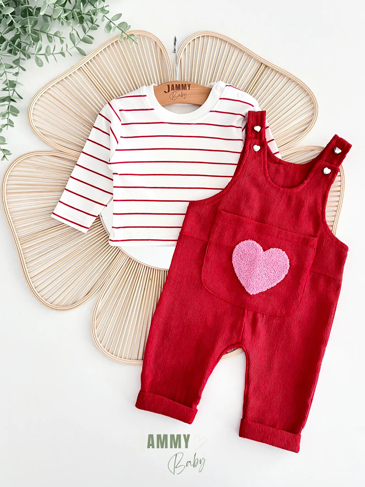 Big Hearts Punch İşlemeli Kadife Salopet / Body Set-KIRMIZI