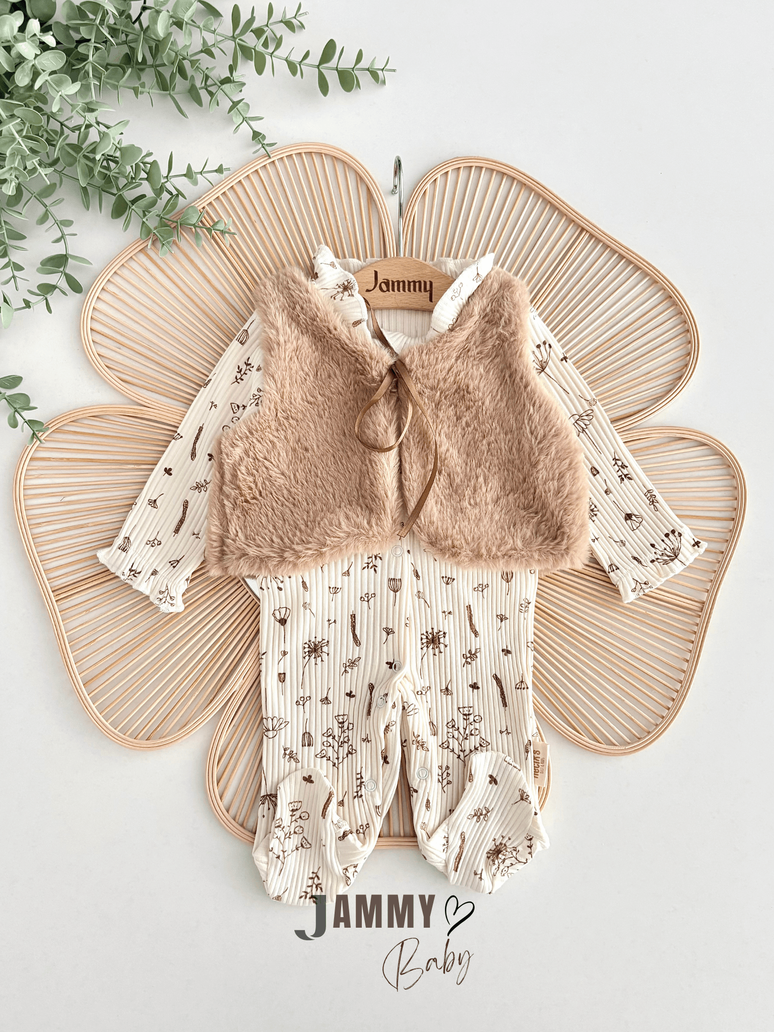 Camellia Tüylü Yelekli Tulum Set-EKRU