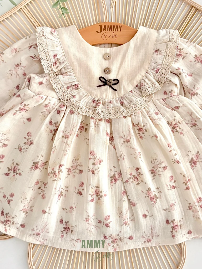 Nila Çiçekli Müslin Astarlı Elbise-KREM