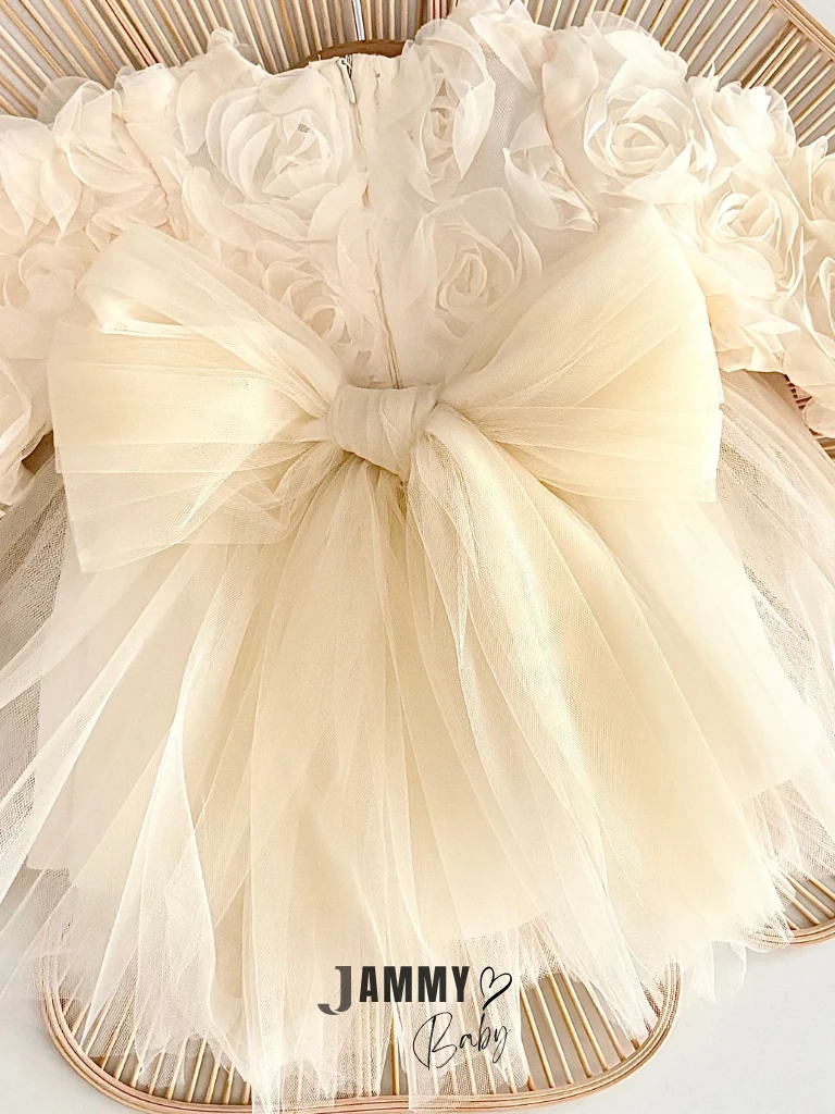 Celia Gül Detaylı Tütülü Elbise-KREM