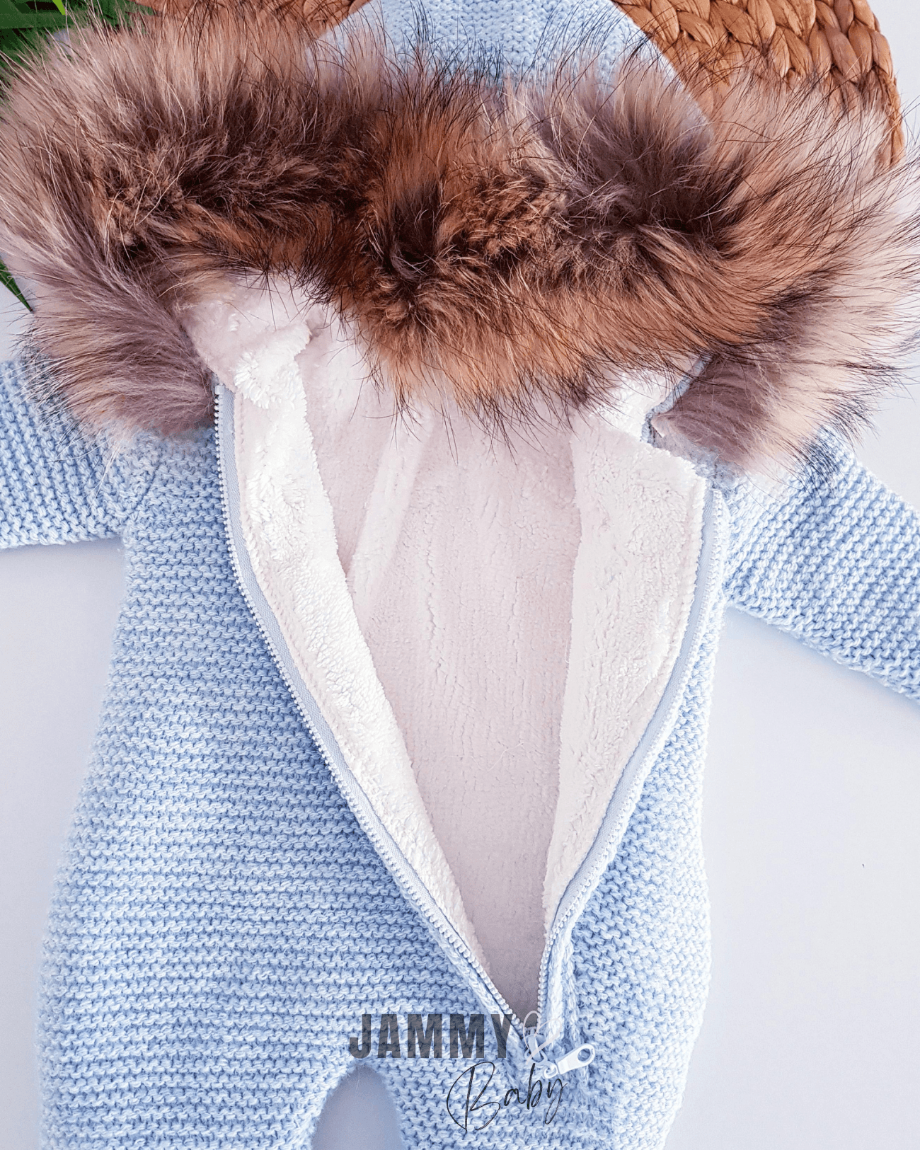 Luxury Collection Kürk Kapüşonlu Fermuarlı Triko Yün Kozmonot-MAVİ