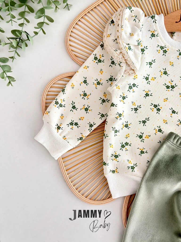 Sage Çiçekli Sweat / Yumuşak Kadife Tayt Takım-YEŞİL