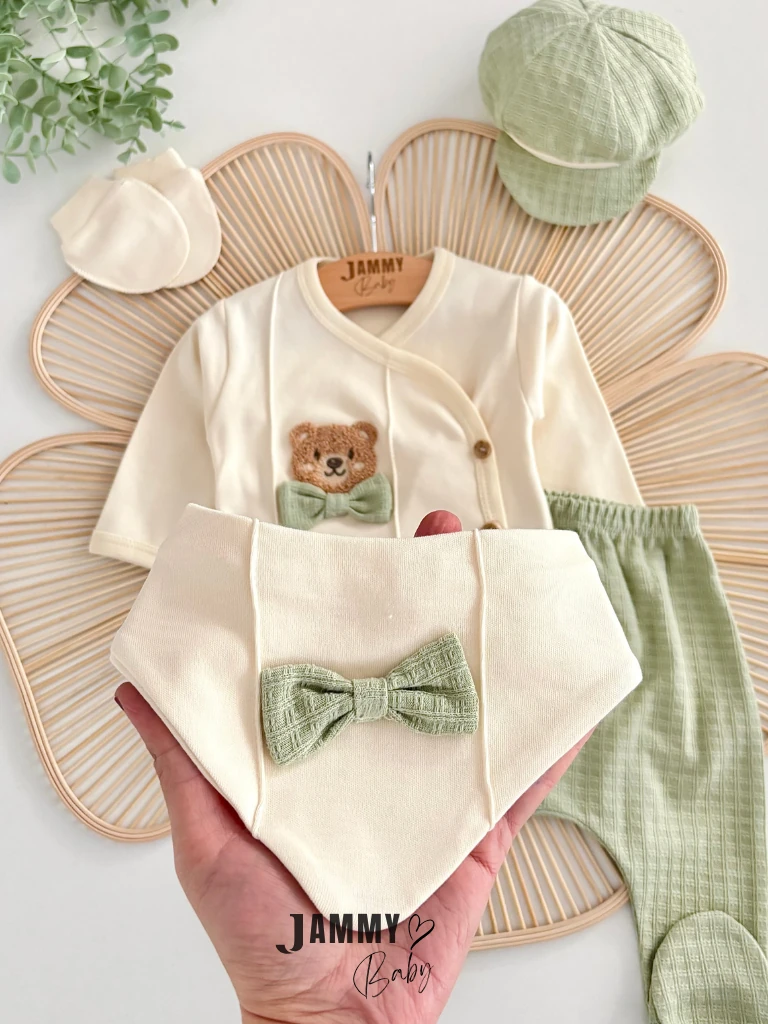 Süzene Ayıcık Kasketli 5 Parça Yenidoğan Set-YEŞİL