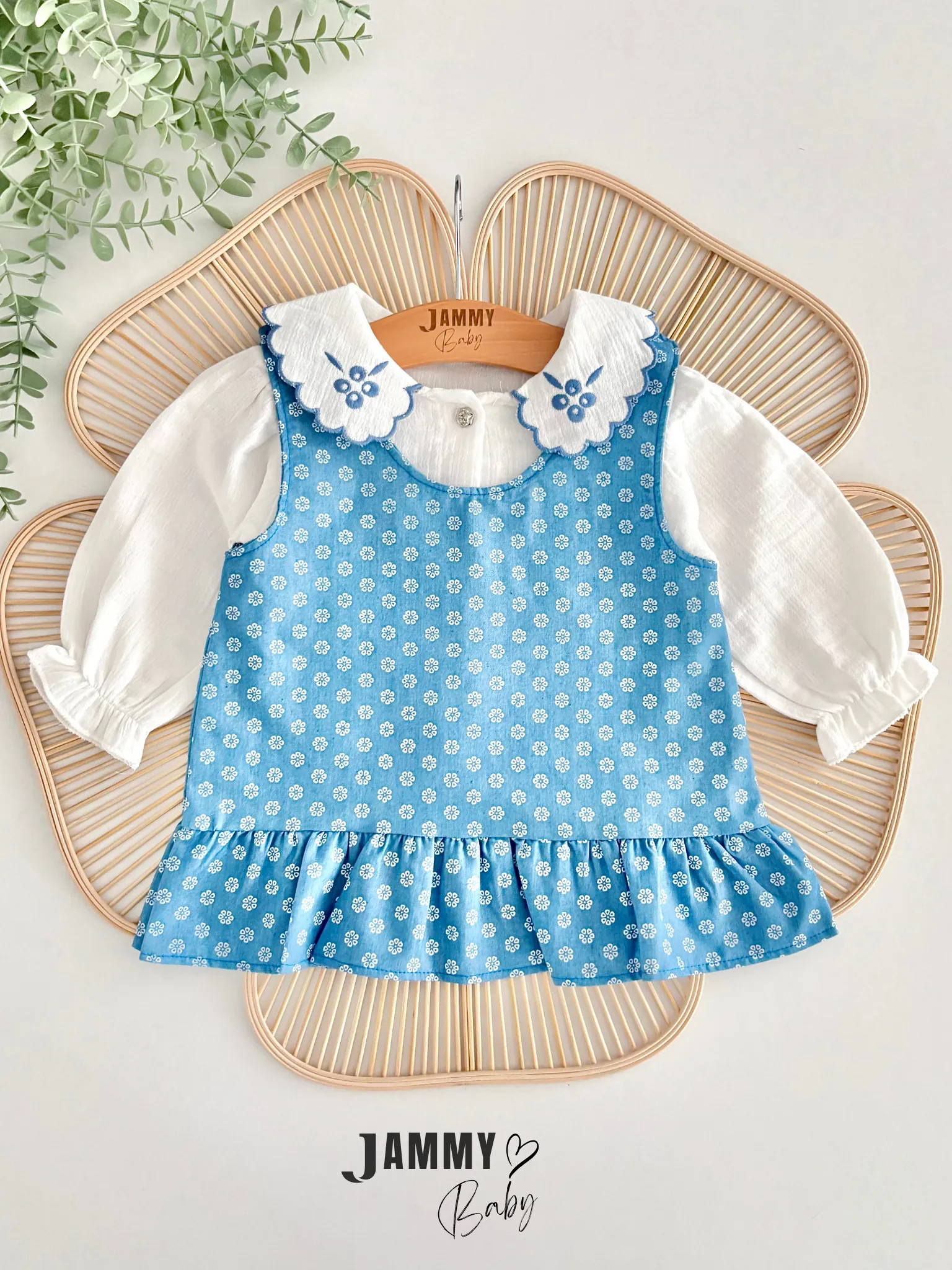 Çan Çiçeği Nakışlı Gömlek Jile Elbise Set-MAVİ