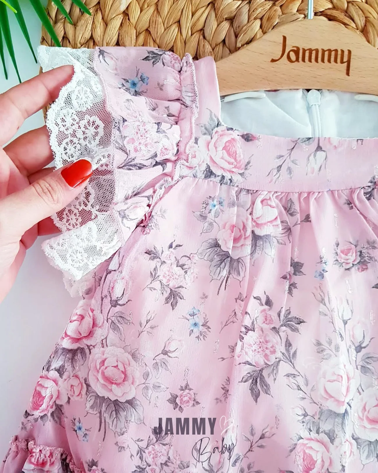 Gül Desenli Şifon Dantel Kol Detaylı Elbise-PEMBE