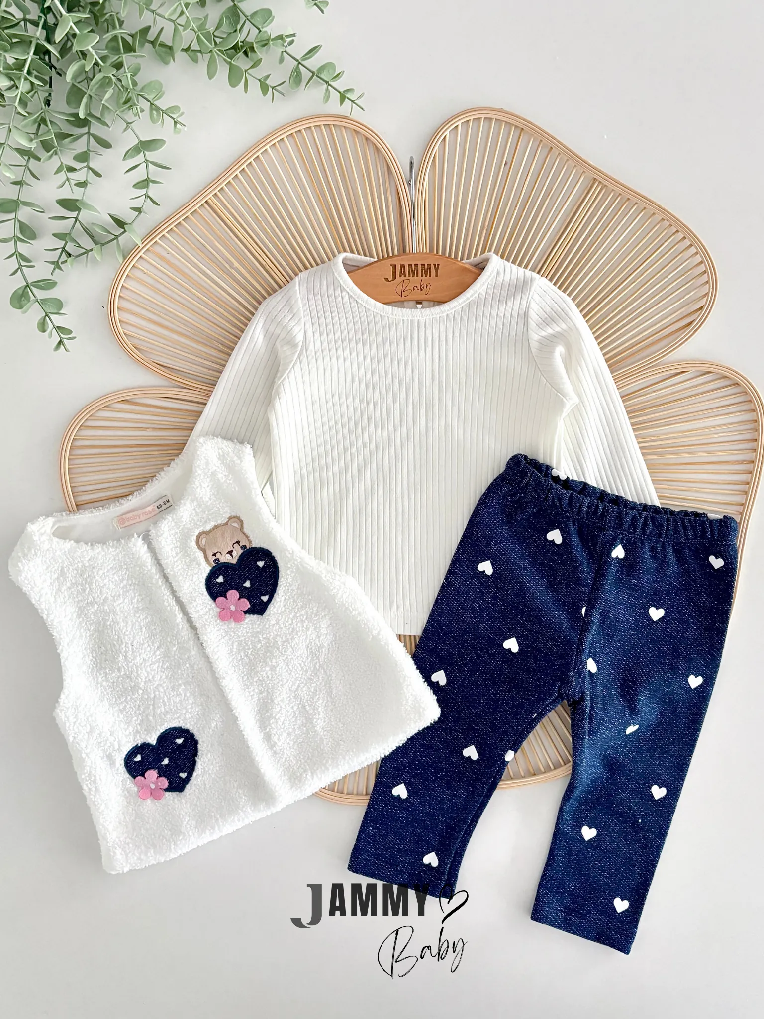 Ayıcık Peluş Yelekli /Kot Taytlı 3'lü Takım-BEYAZ