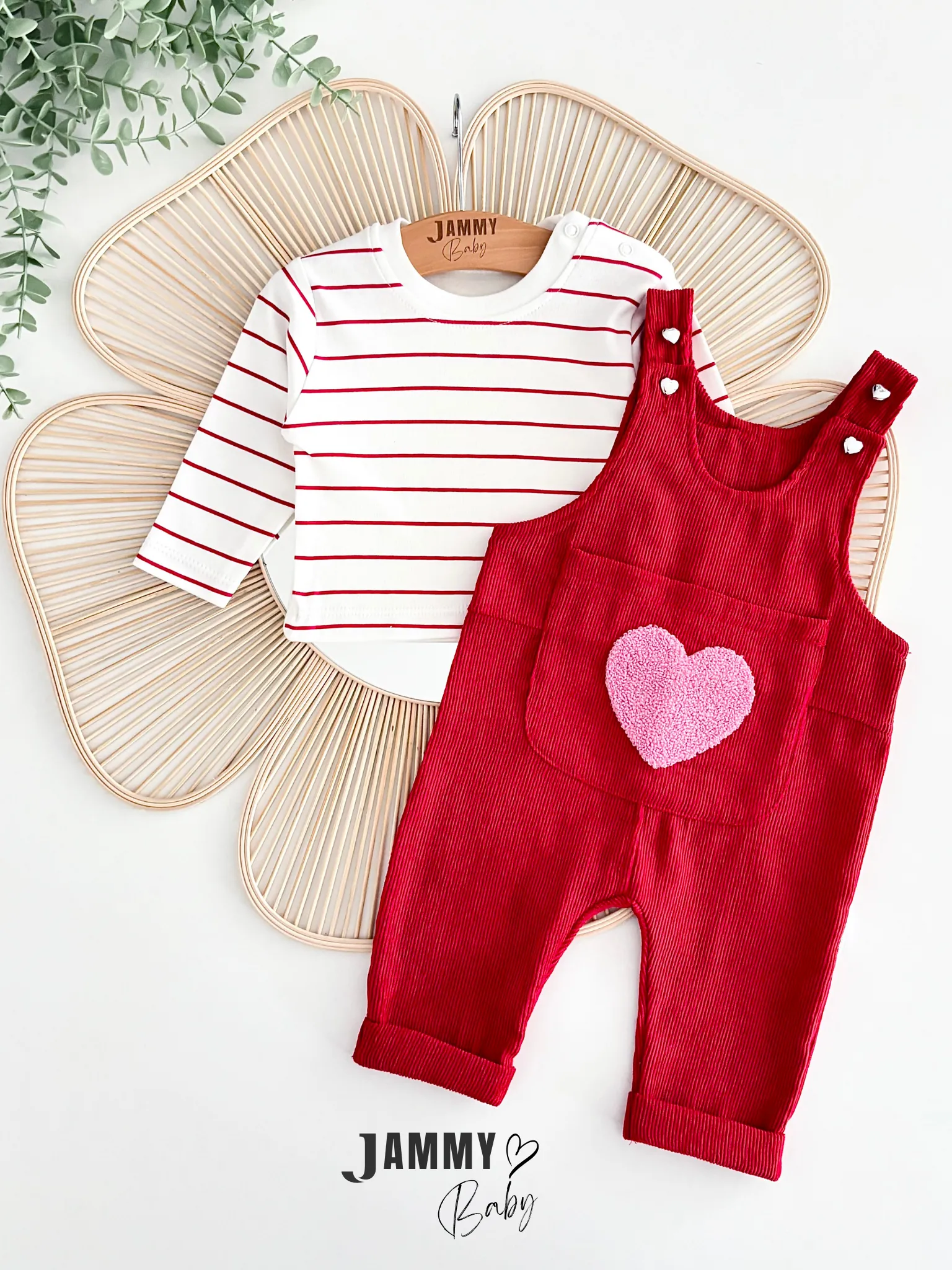 Big Hearts Punch İşlemeli Kadife Salopet / Body Set-KIRMIZI