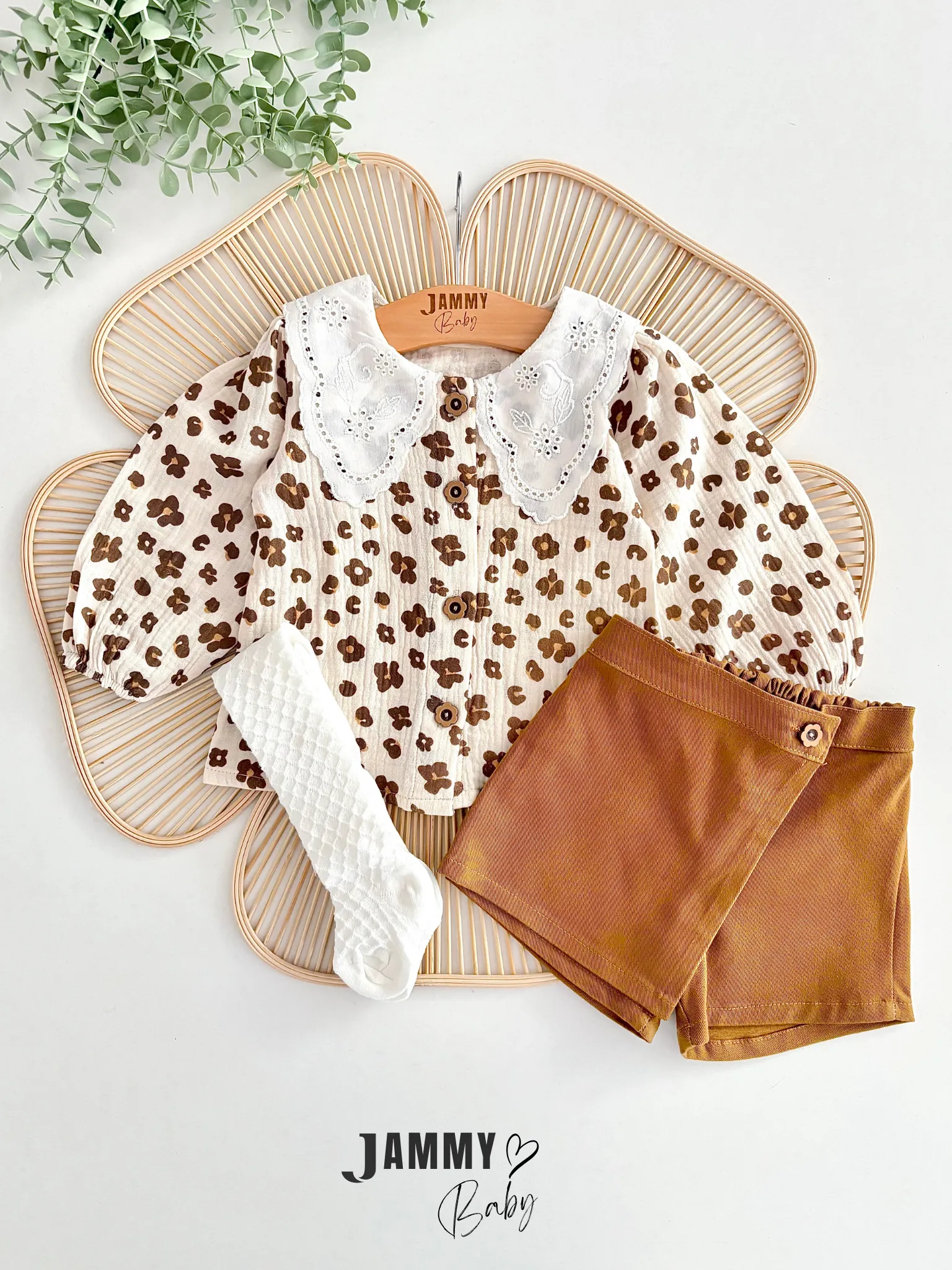 Sisa Leopar Gömlek / Şort Etek Çorap Takım-CAMEL