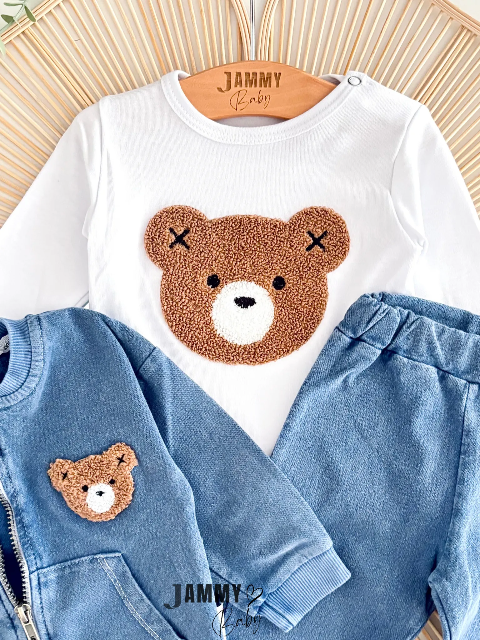 Bear Punch İşlemeli 3'lü Kot Takım-KOYU MAVİ