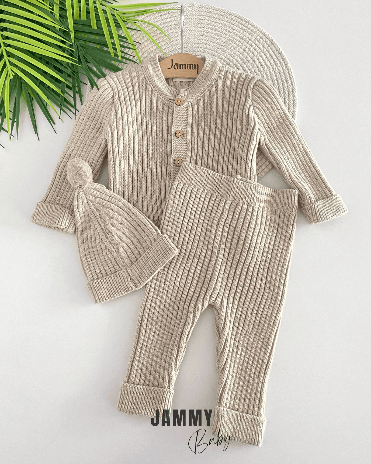Triko Hırkalı Unisex Şapkalı Takım-BEJ