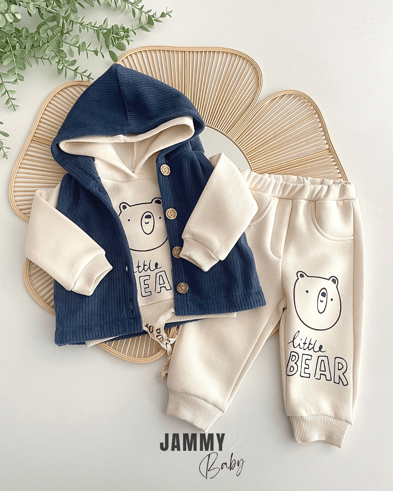 Little Bear Fitilli Polar Yelekli / 3 İplik Sweat Takım-İNDİGO