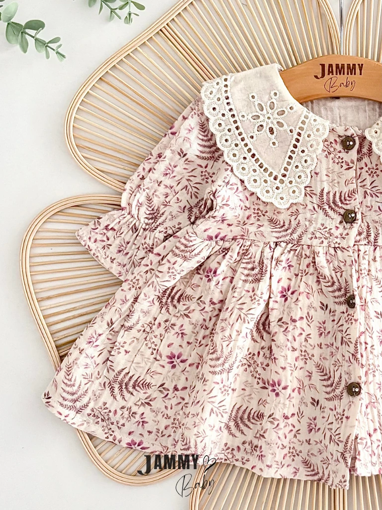 Dantel Yaka Çiçekli Düğmeli Elbise-MOR