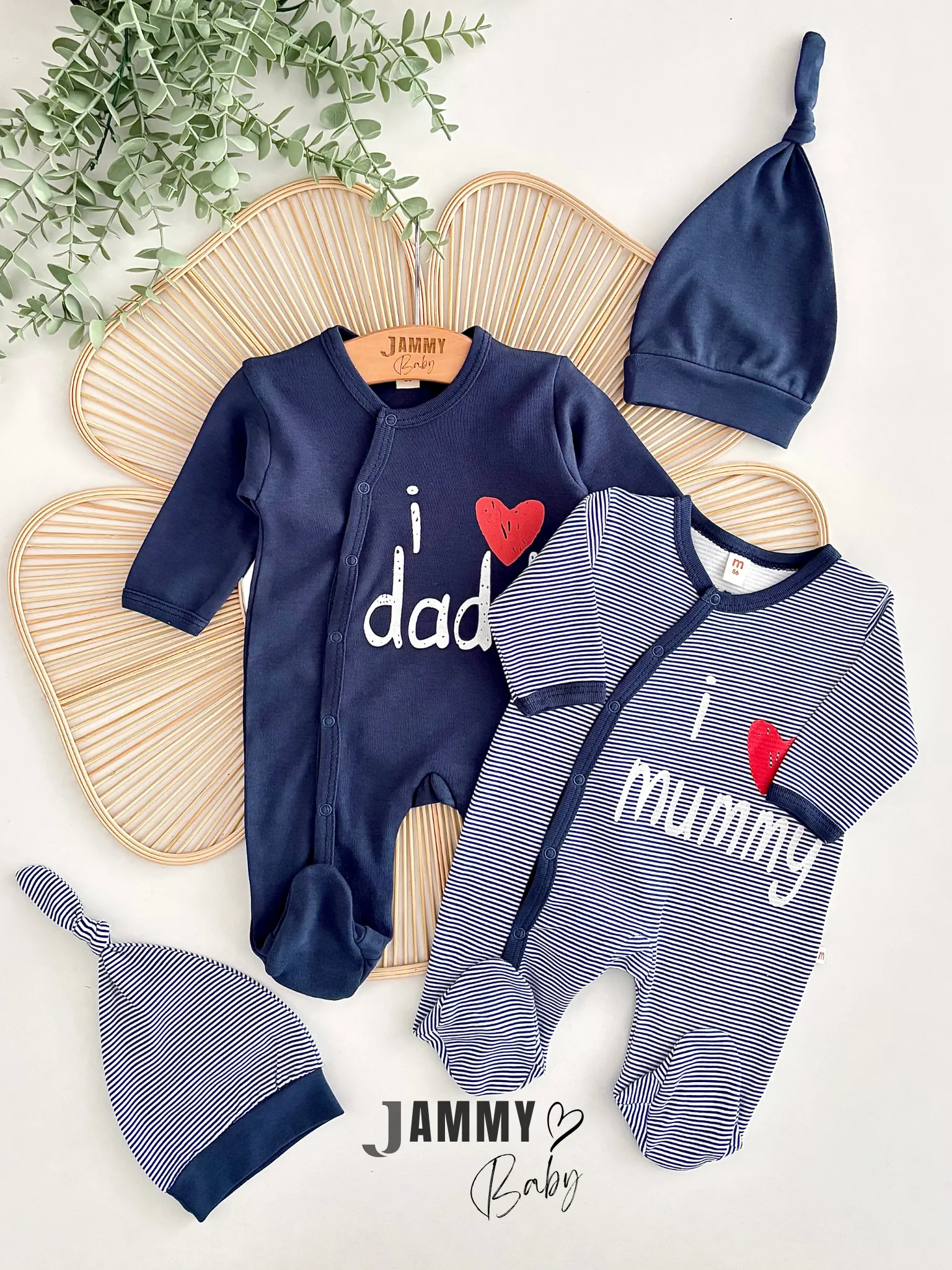 I Love My Daddy / Mummy 2 Şapka 2 Tulum Set-LACİVERT