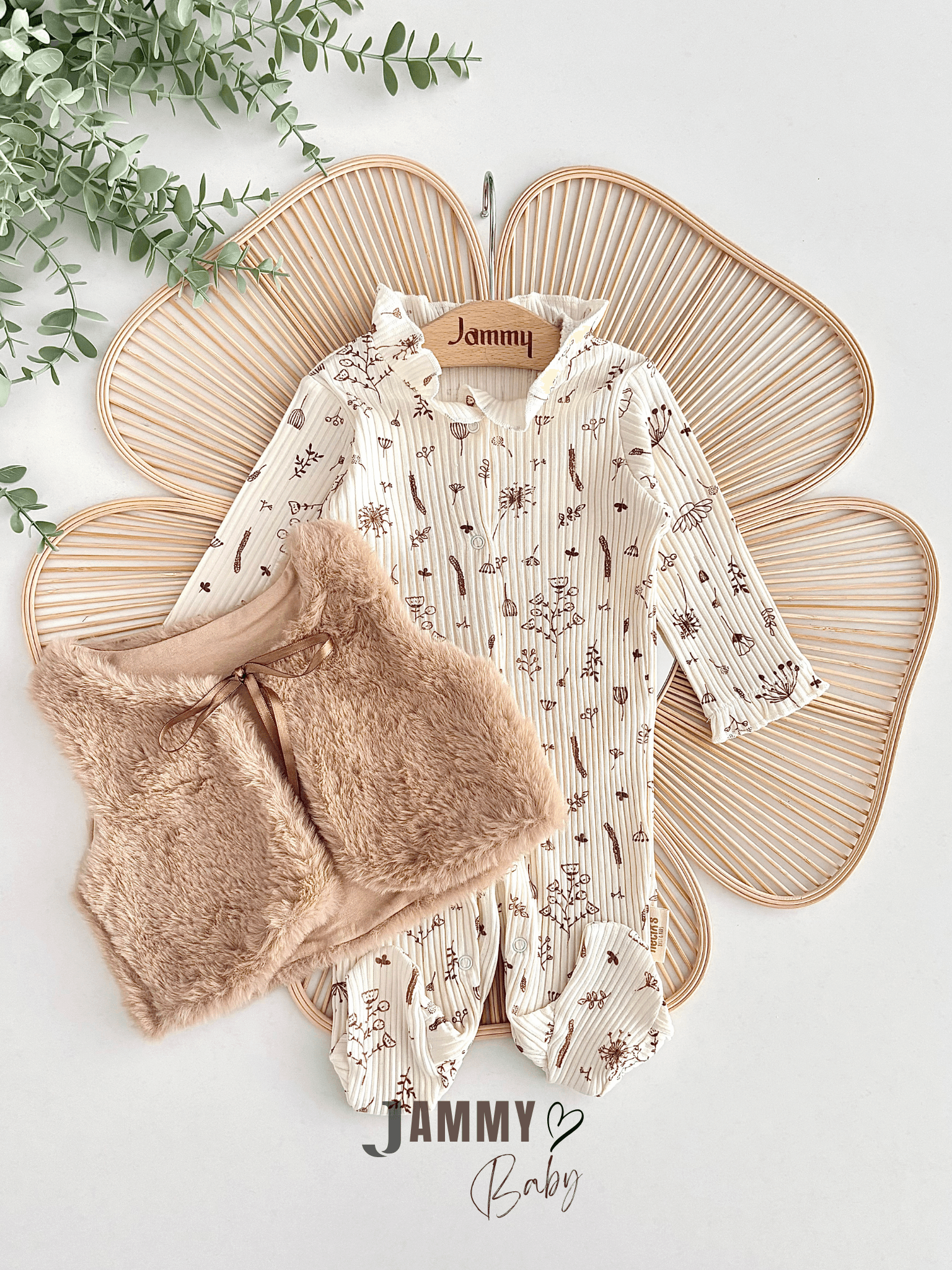 Camellia Tüylü Yelekli Tulum Set-EKRU