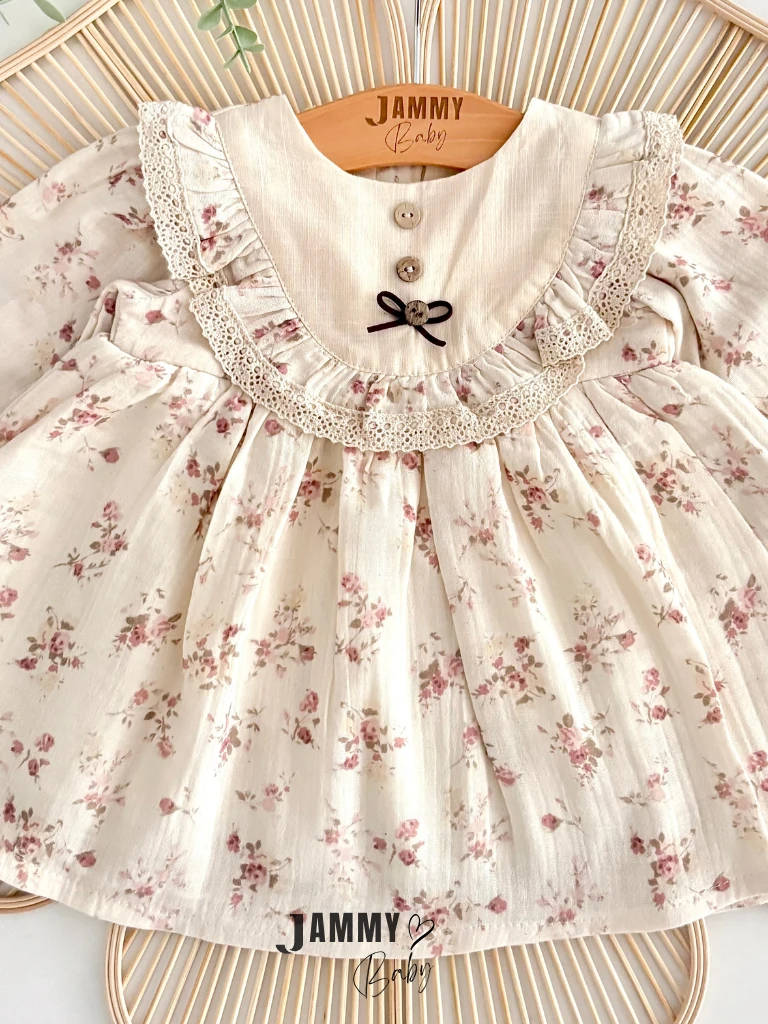 Nila Çiçekli Müslin Astarlı Elbise-KREM