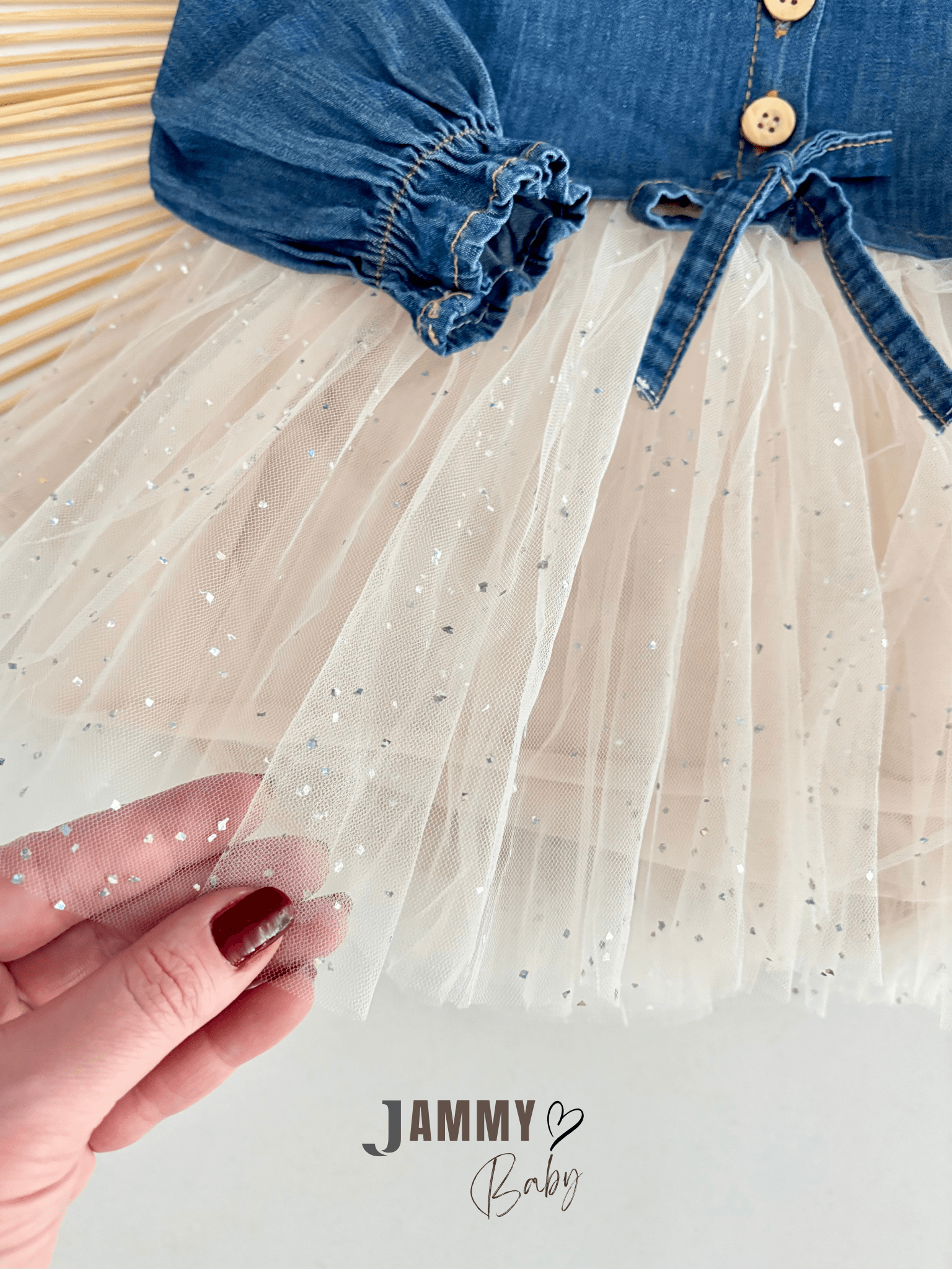 Star Tütülü Denim Elbise-KREM