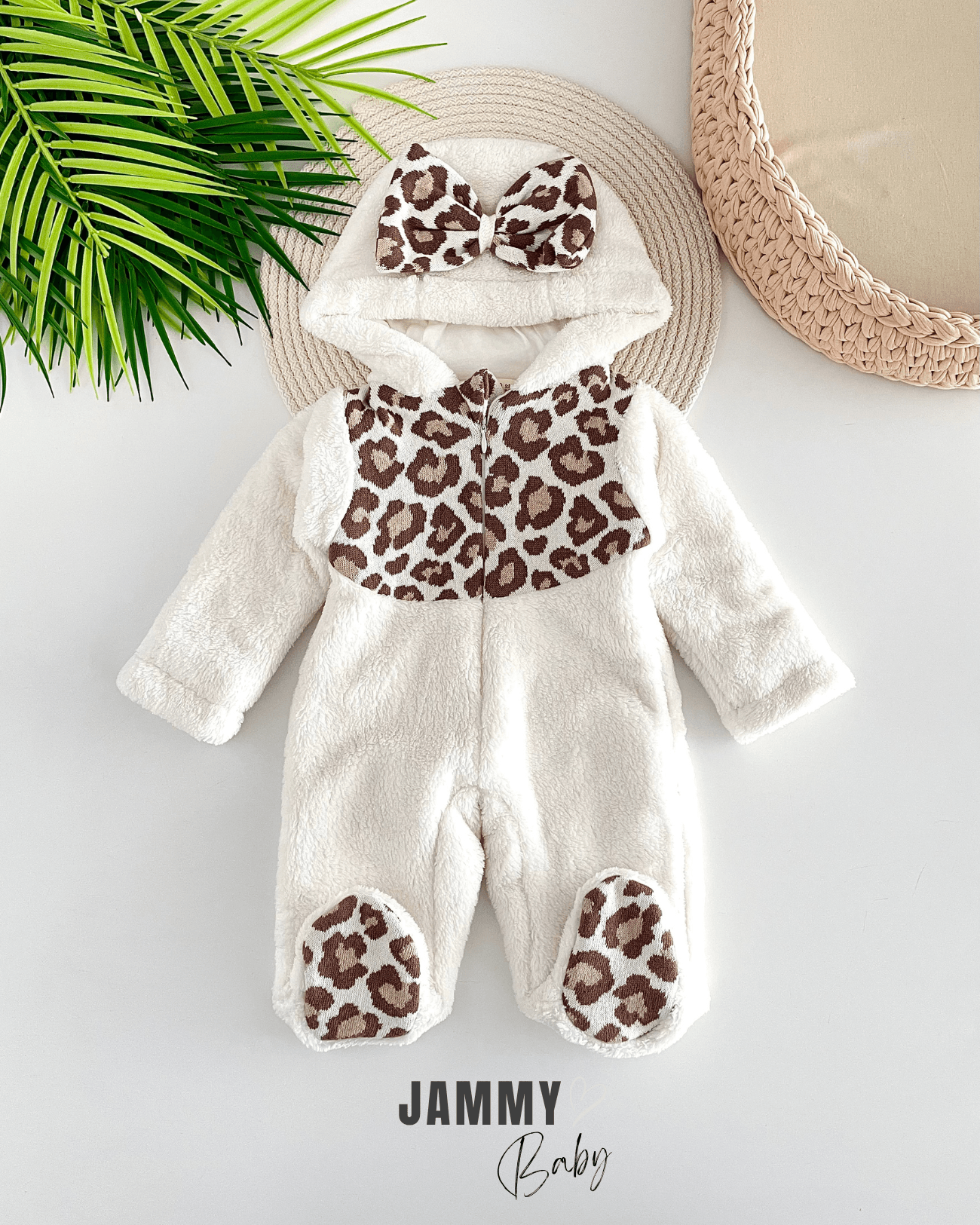 Luxury Collection Pamuk Astarlı Dış Giyim Leopar Peluş Kozmonot Tulum-EKRU