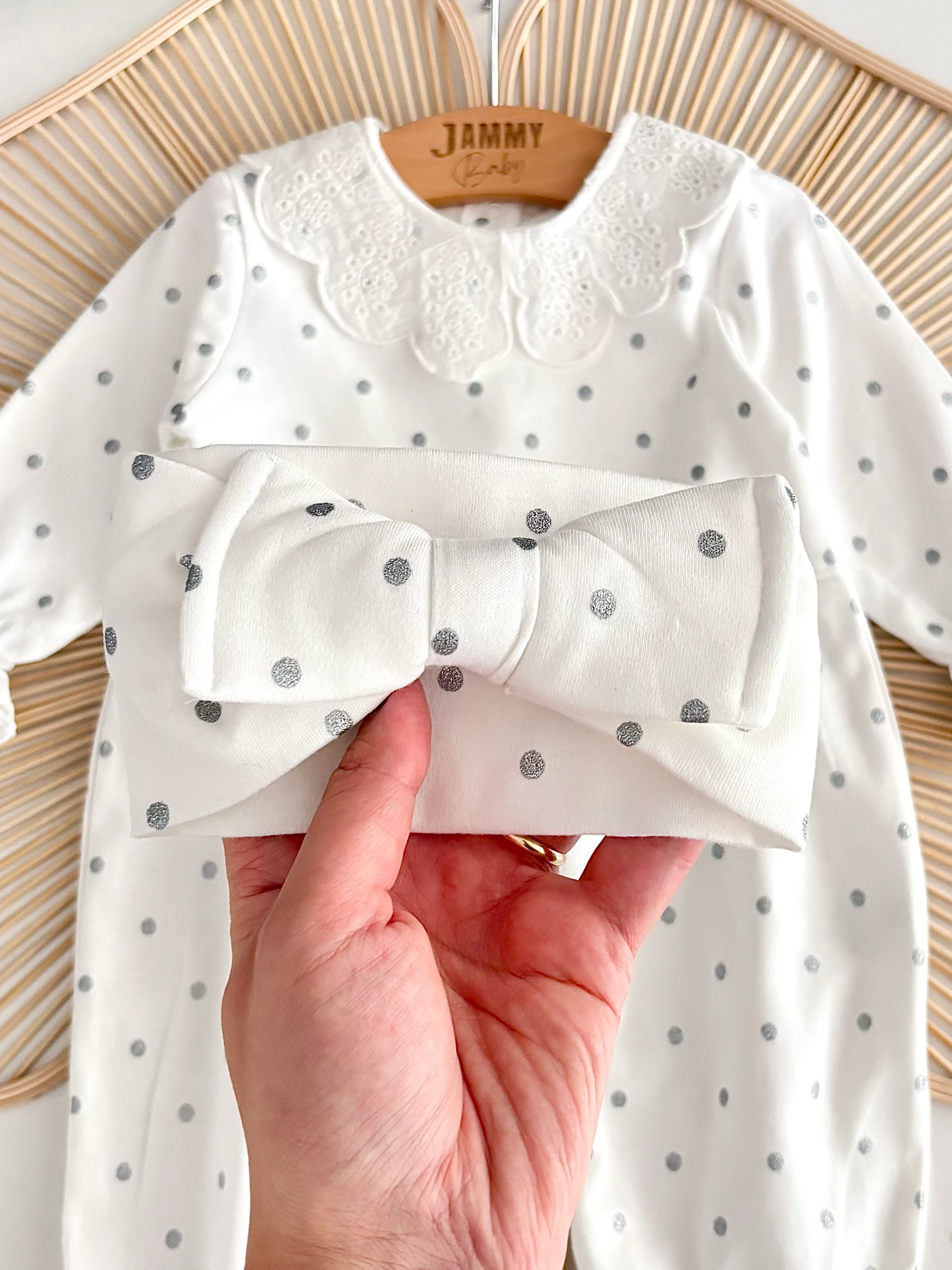 Mais Dantel Yakalı Gümüş Puantiyeli Bandanalı Tulum Set-EKRU