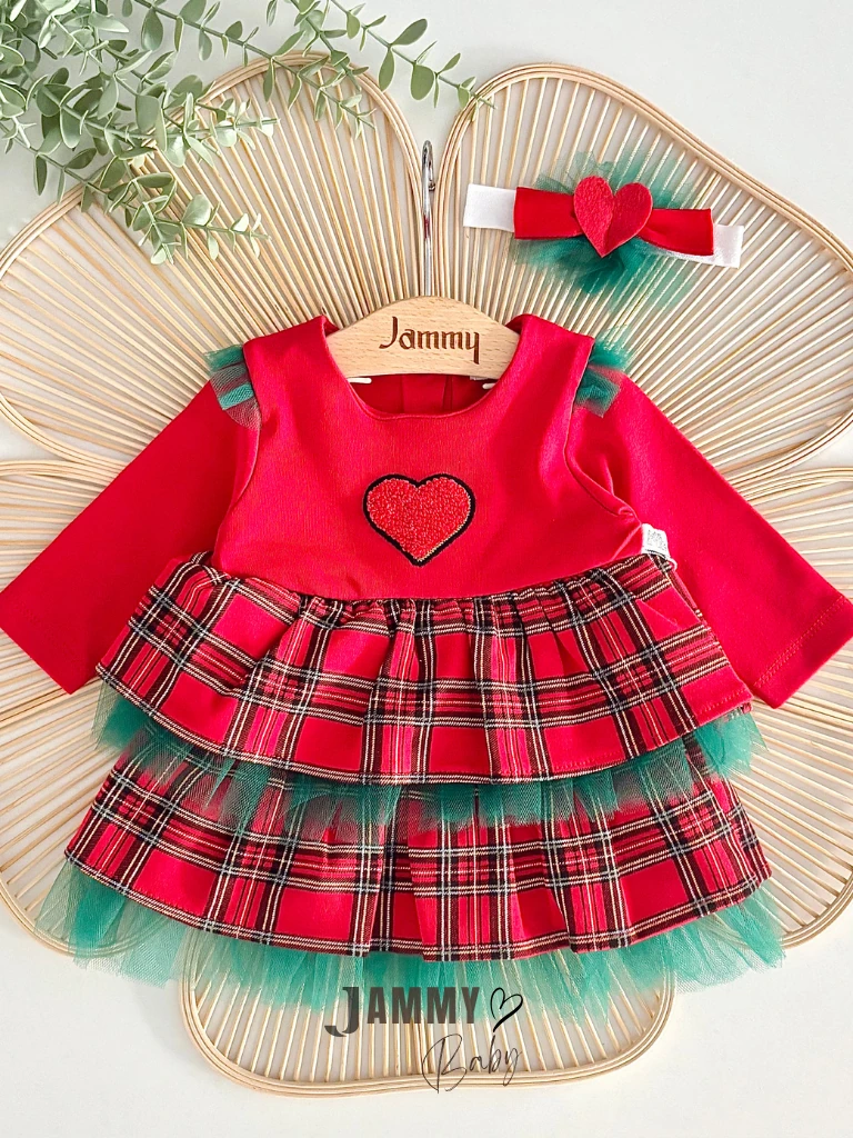 New Christmas Ekose Tütülü Bandanalı Elbise Set-KIRMIZI