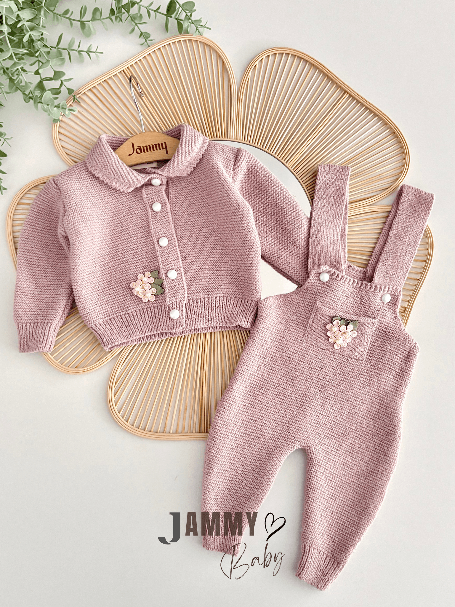 İncili Çiçek Detaylı Triko Hırka / Triko Salopet Set-SOFT LİLA