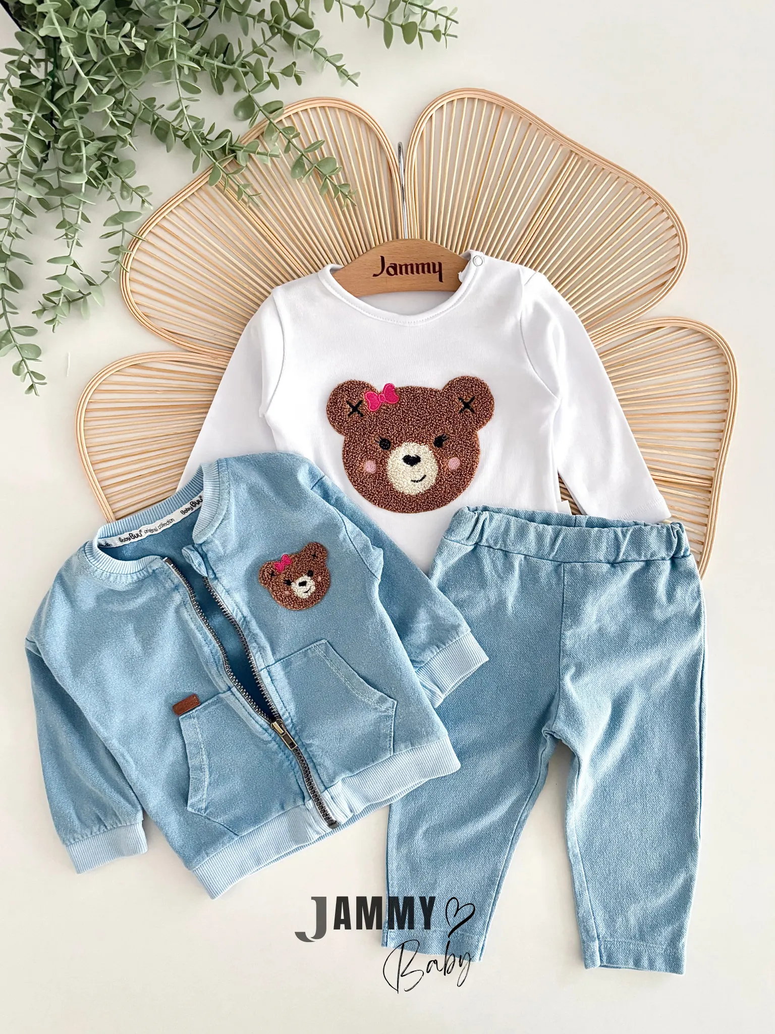 Fancy Bear Punch İşlemeli 3'lü Kot Takım-MAVİ