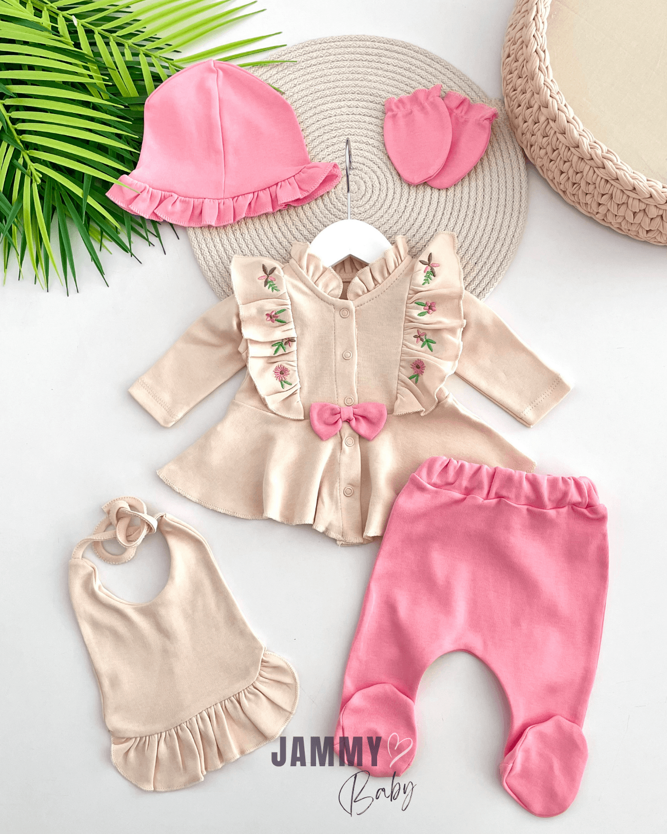Mira Çiçek Nakışlı 5 Parça Yenidoğan Set-PEMBE