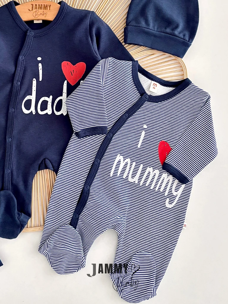 I Love My Daddy / Mummy 2 Şapka 2 Tulum Set-LACİVERT