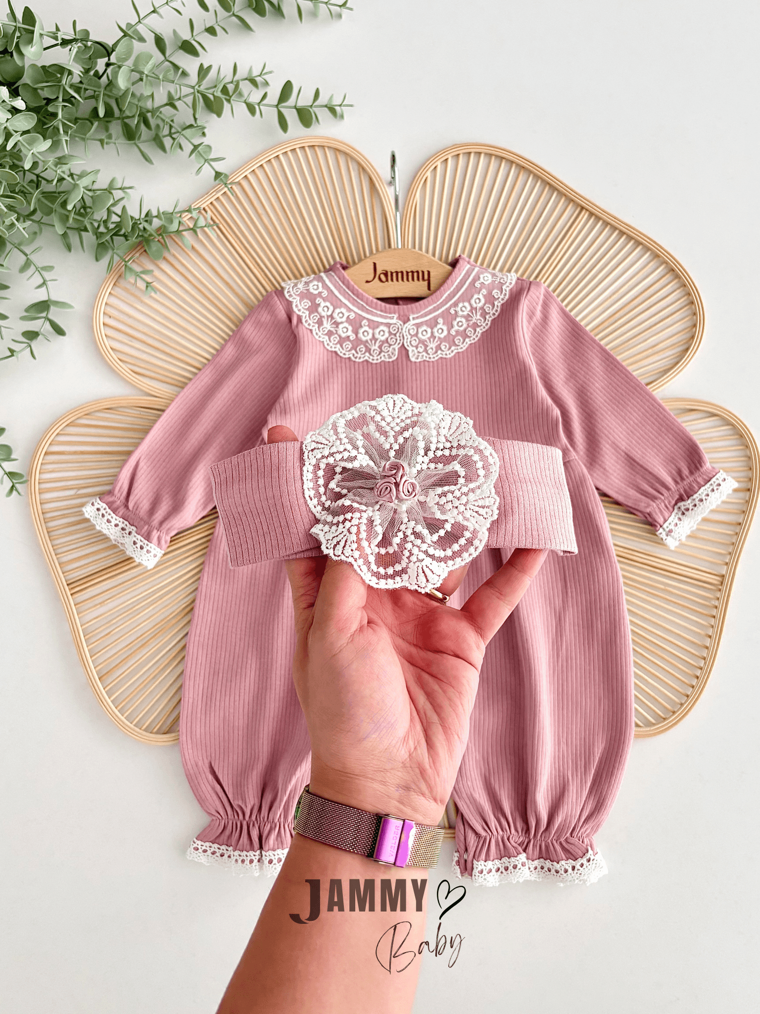 Trinetta Dantel Detay Bandanalı Kaşkorse Tulum Set-GÜL KURUSU