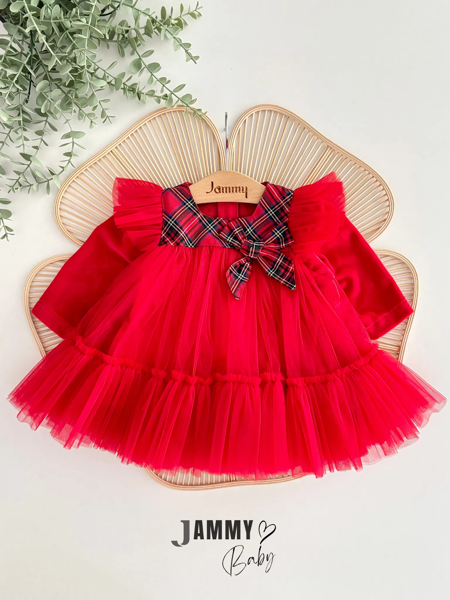 Shay Kadife Detaylı Tüllü Ekose Elbise-KIRMIZI